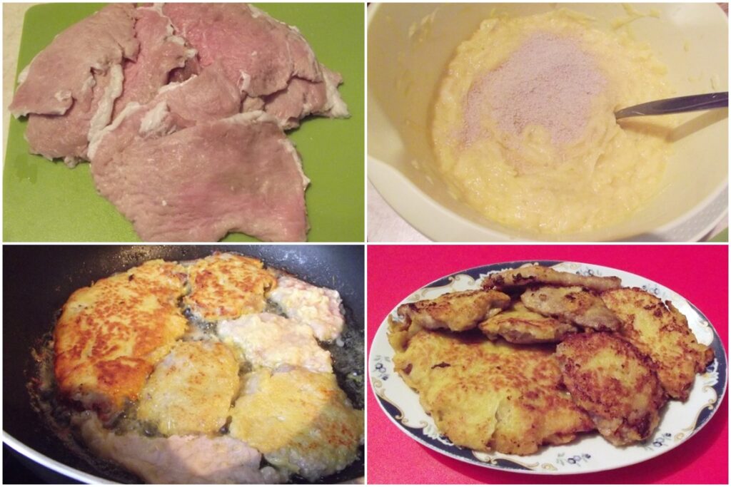 Colaj de poze cu pașii de preparare a snitelelor de porc in crusta de cartofi