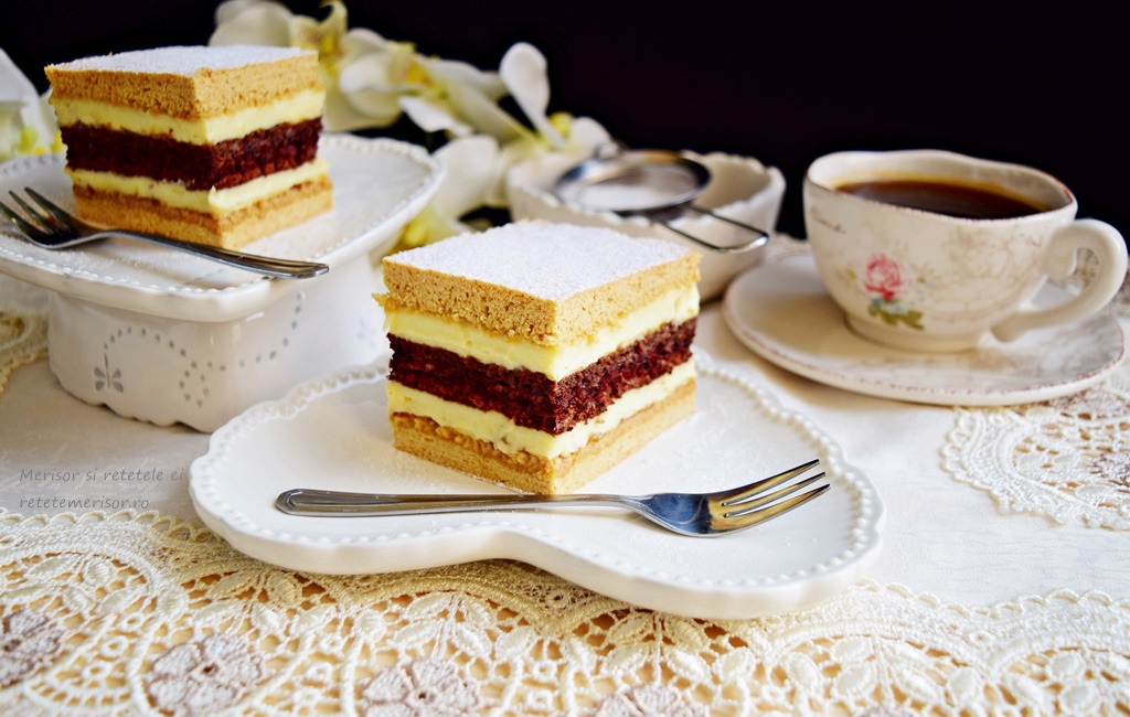 Prăjitura Dungată cu foi caramel și blat cu cacao