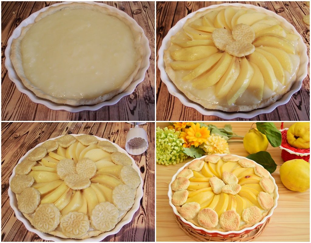 Colaj de poze cu pașii de formare a tartei cu gutui