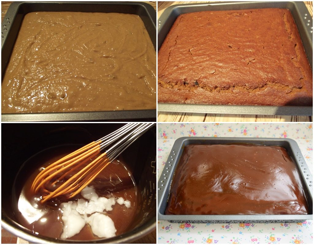 Colaj de poze cu pașii de asamblare ai prăjiturii de post cu cafea și zahăr caramelizat