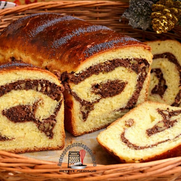 Cozonac cu nuci și cacao dospit la rece, feliat în coș