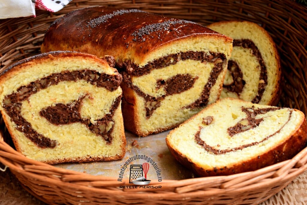 Cozonac cu nuci și cacao dospit la rece, feliat în coș