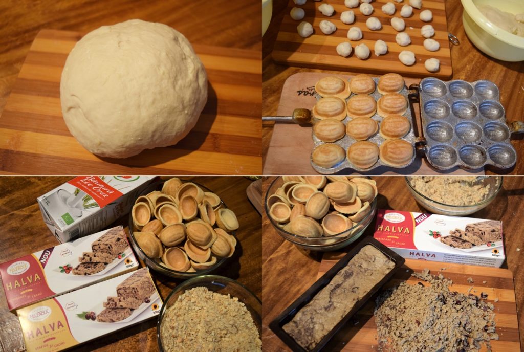 Colaj de poze cu pașii de preparare a aluatului, a cojilor de nuci și a cremei de halva