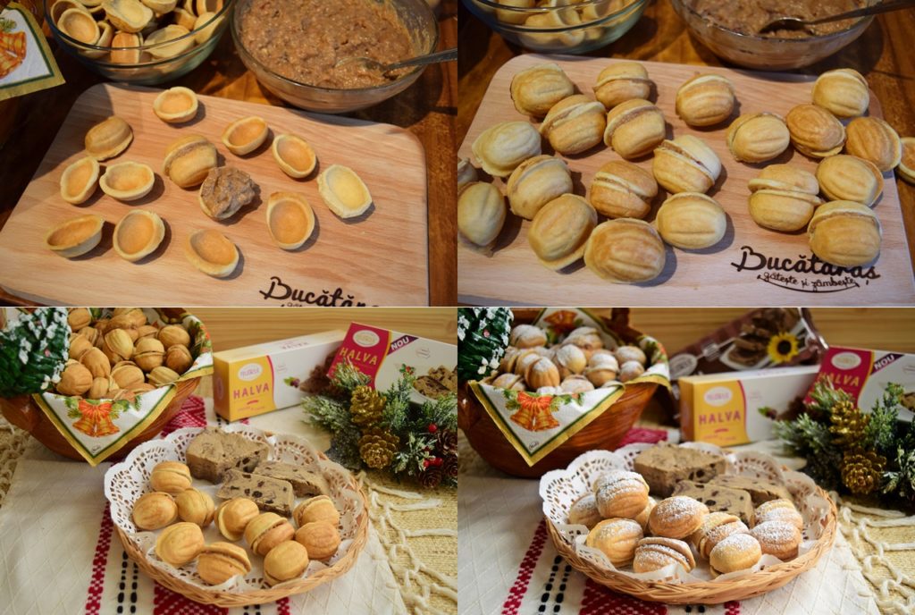Colaj de poze cu pașii de umplere a cojilor de nuci cu crema de halva