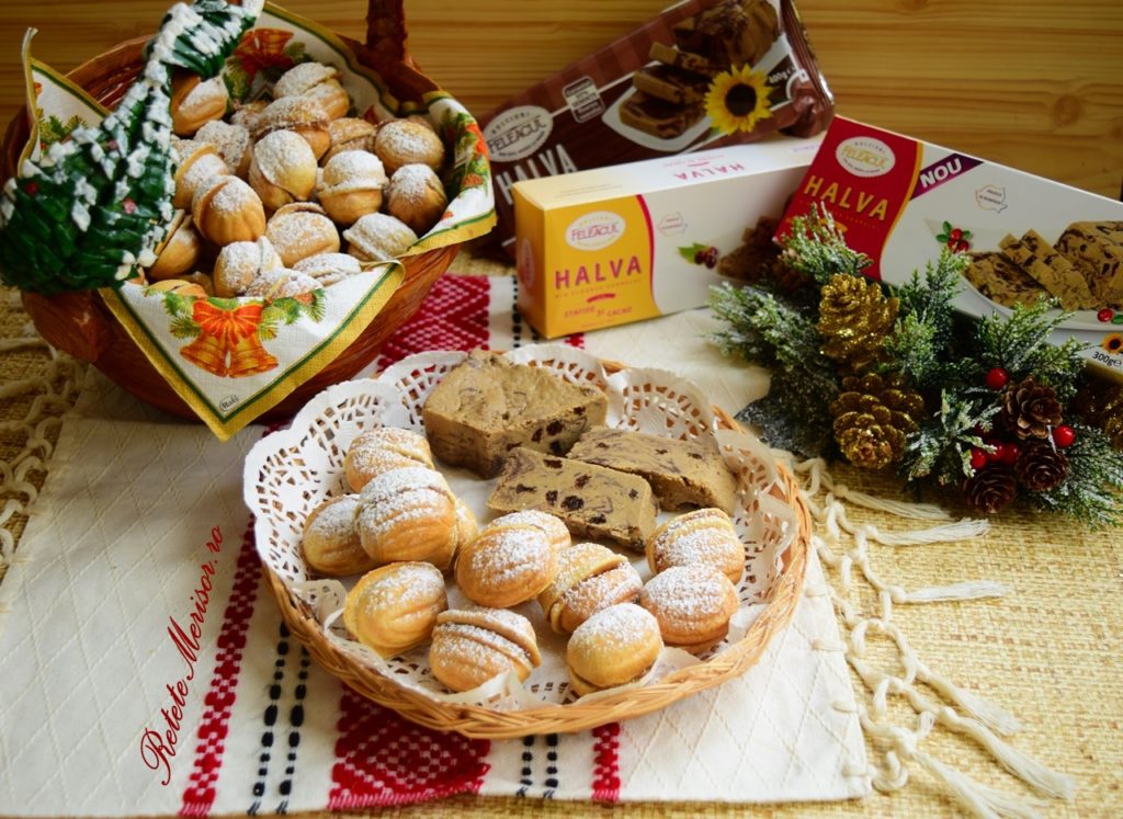Nuci umplute cu cremă de halva în două coșuri și bucăți de halva
