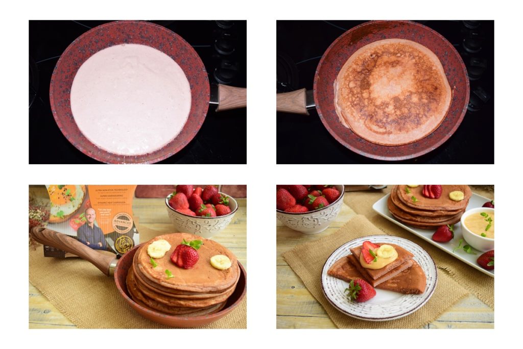 Colaj de poze cu pașii de coacere și servire pancakes cu banane și căpșune