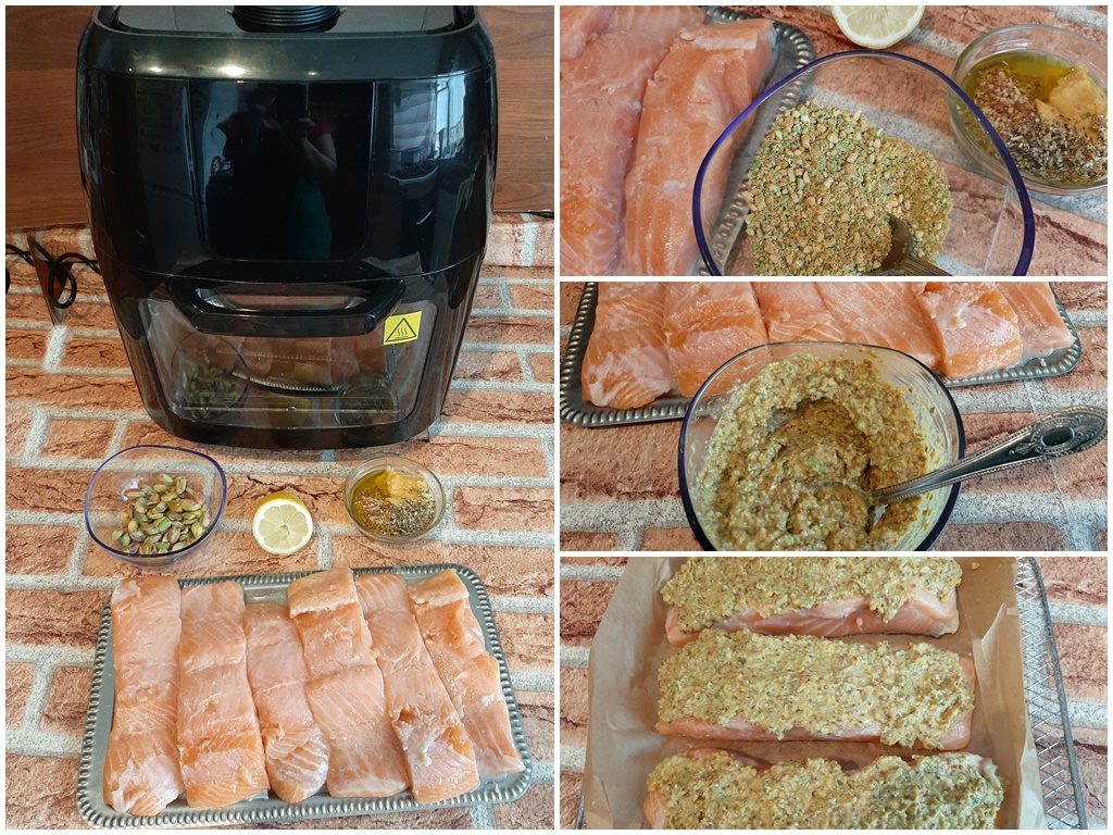 Colaj de poze cu pașii de preparare a somonului în crustă de fistic cu muștar