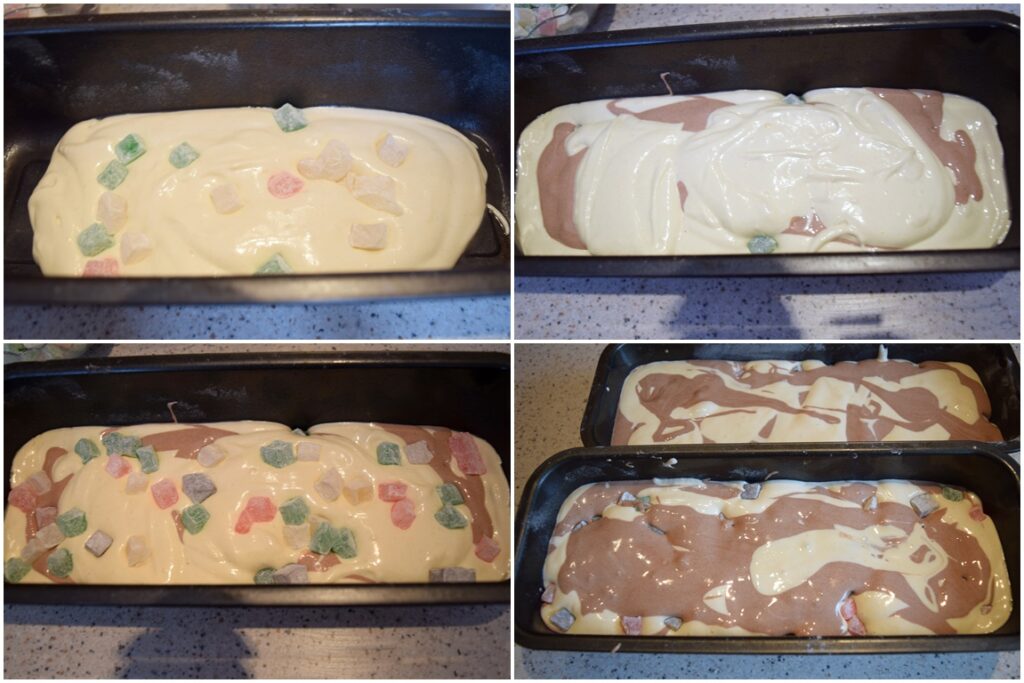 Colaj de poze cu pașii de formare în tavă a checului cu cacao și rahat