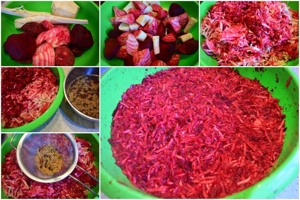 Colaj de poze cu pașii de preparare a salatei de sfeclă roșie cu hrean și țelină