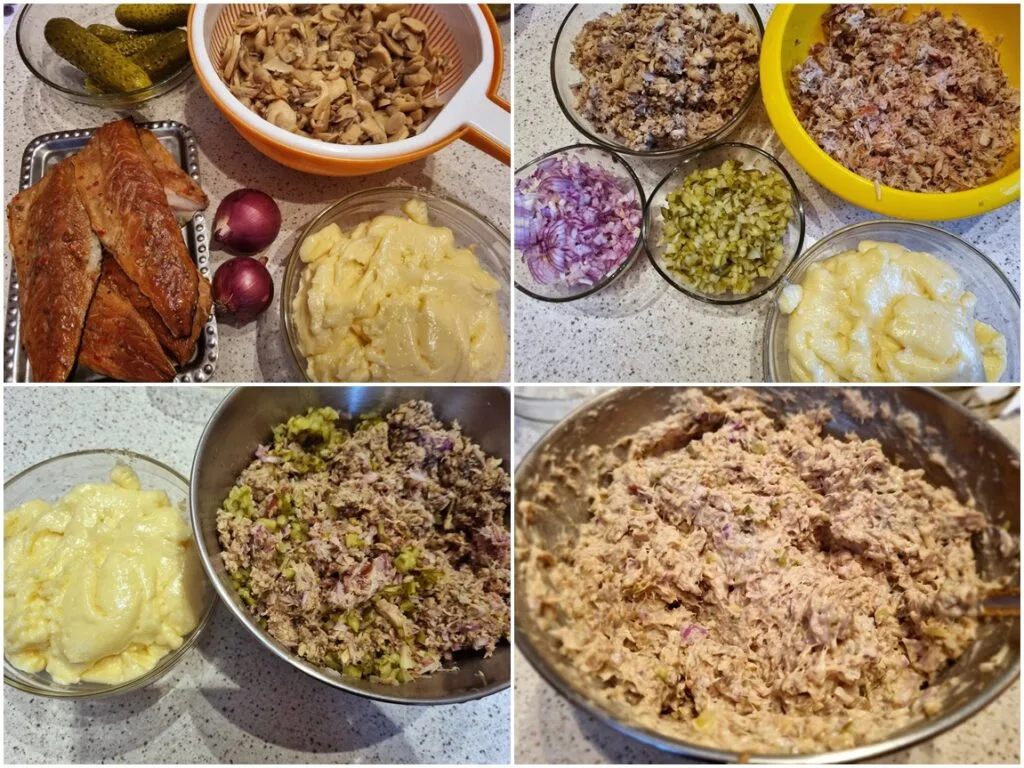 Colaj de poze cu pașii de preparare salată de ciuperci cu macrou afumat și maioneză