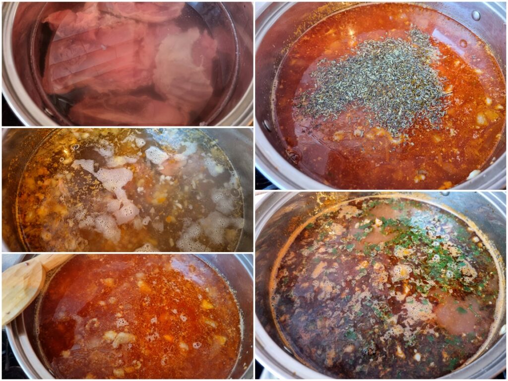 Colaj de poze cu pașii de preparare ciorbă de vițel cu tarhon și leuștean