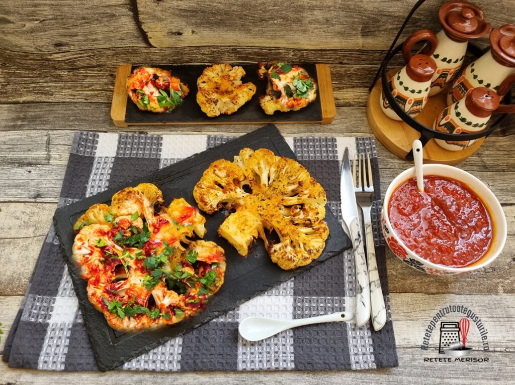 Friptură de conopidă la cuptor servită cu sos barbeque și pătrunjel verde Friptură de conopidă la cuptor servită cu sos barbeque și pătrunjel verde