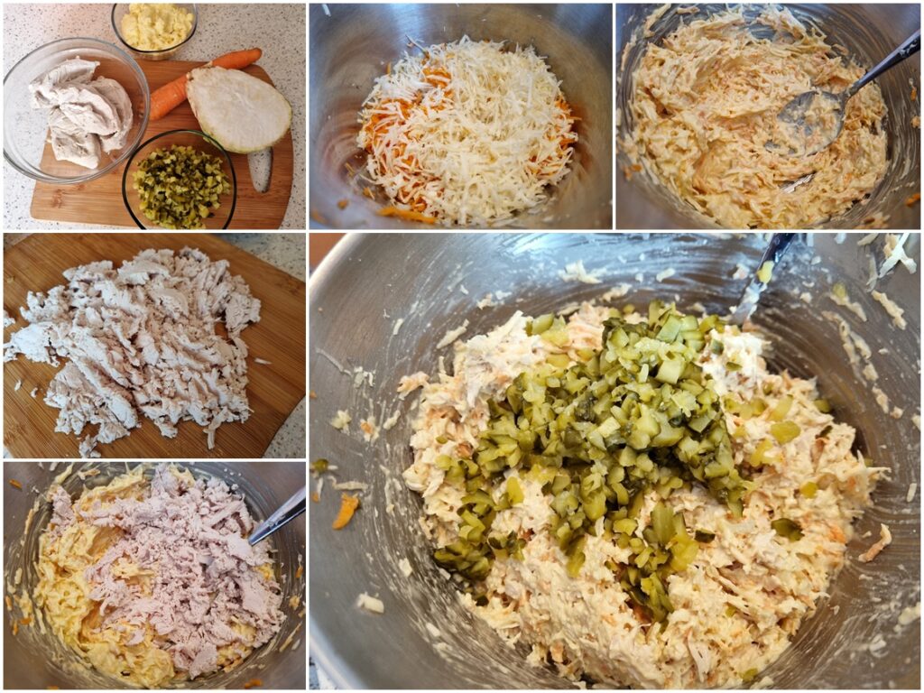 Colaj de poze cu pașii de preparare ai salatei Colaj de poze cu pașii de preparare ai salatei