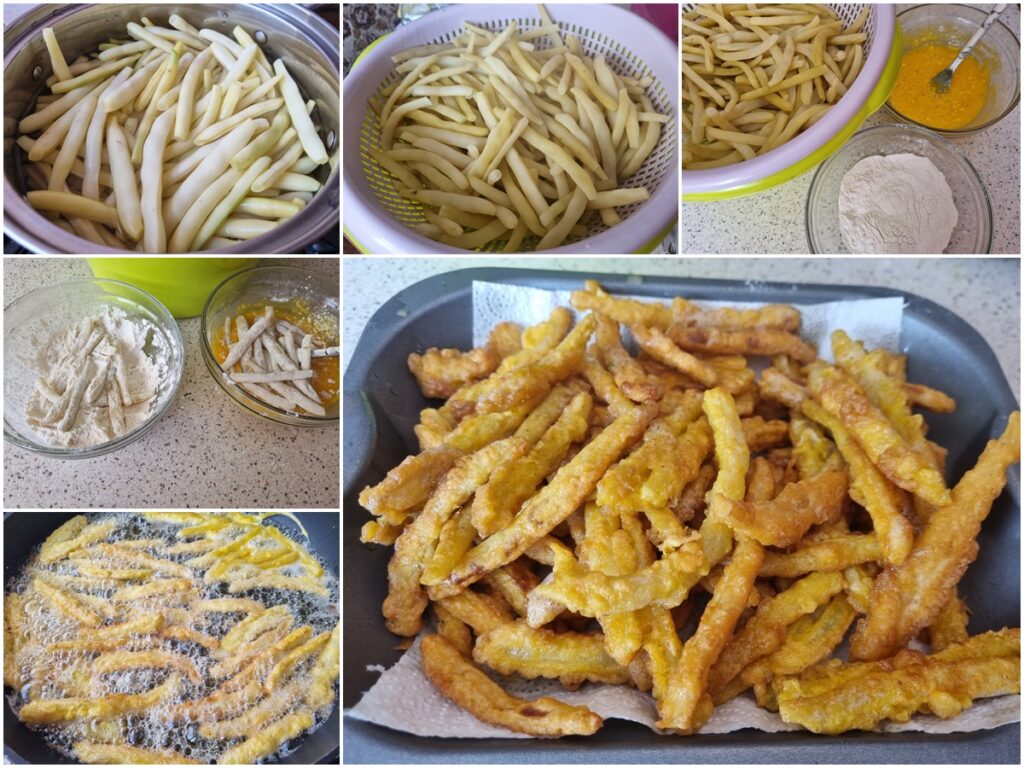 Păstăi de fasole pane - colaj de poze Colaj de poze cu pașii de preparare ai păstăilor sub formă pane
