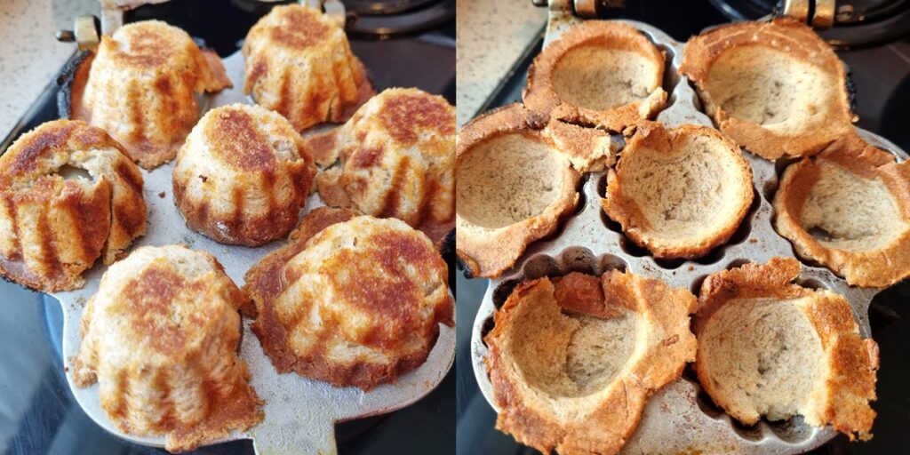 Colaj de poze cu pașii de preparare ai coșulețelor crocante din pâine
