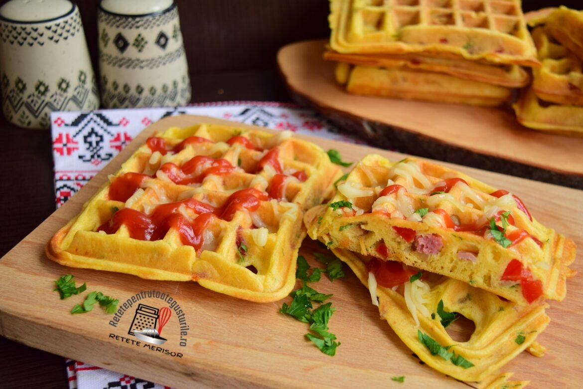 Pizza waffles pe două tocătoare de lemn, alături de două solnițe