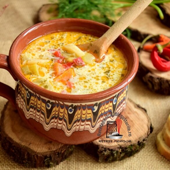 Ciorbă de dovlecei a la grec în bol cu lingură de lemn, alături de felii de pâine, ardei iuți și verdeață
