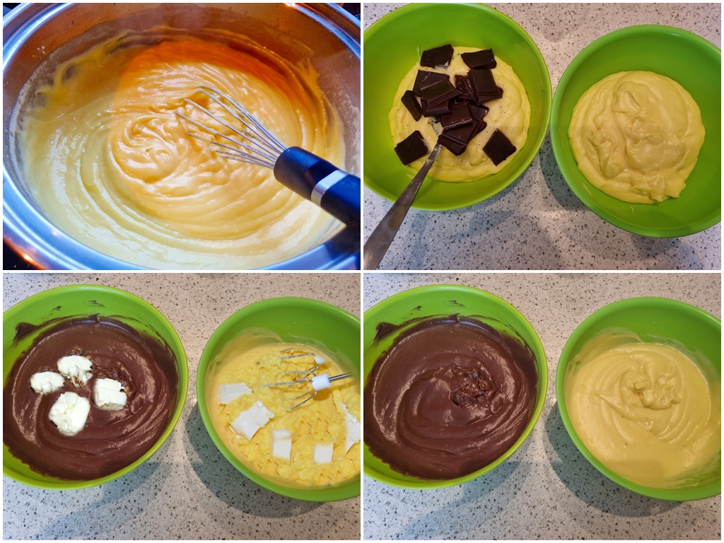 Colaj de poze cu pașii de preparare ai cremelor pentru prăjitură