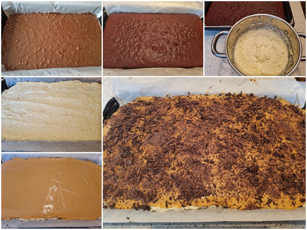 Colaj de poze cu pașii de preparare ai negresei cu cocos și caramel
