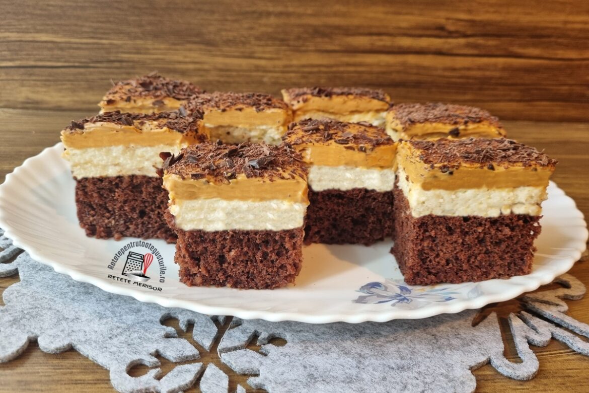Negresă cu cocos și caramel sărat porționată pe un platou oval