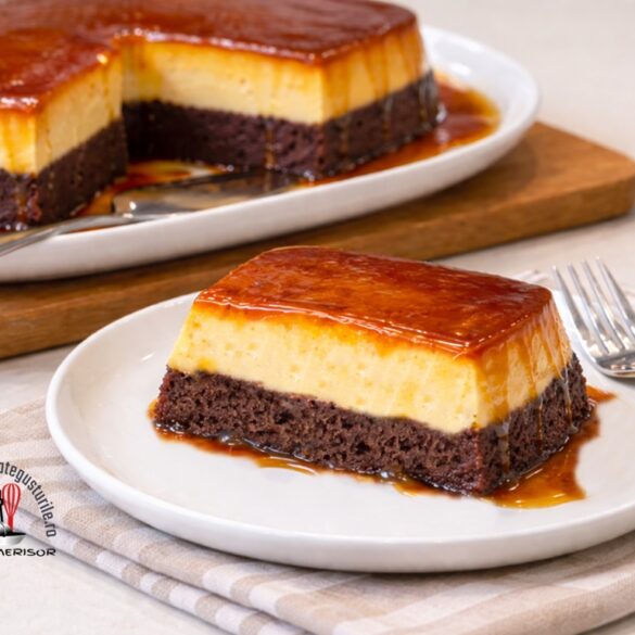 Chocoflan sau Prăjitura imposibilă secționat pe platou și o porție pe farfurie