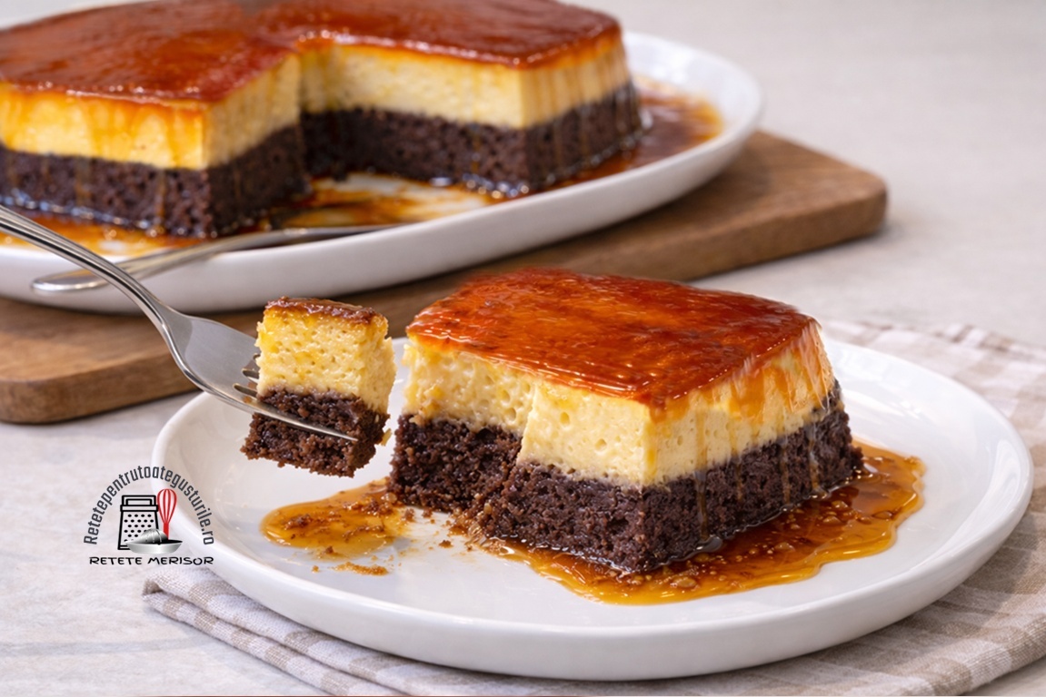 Chocoflan sau Prăjitura imposibilă secționat pe platou și o porție pe farfurie, secționată cu furculița