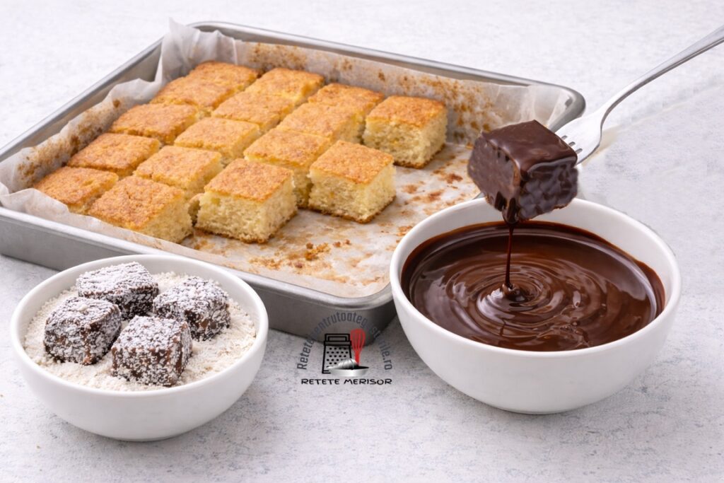 Cuburi de prăjitură Lamington, de post în tavă, unul în furculiță trecut prin bolul cu sos de ciocolată și alte patru tăvălite printr-un bol cu cocos