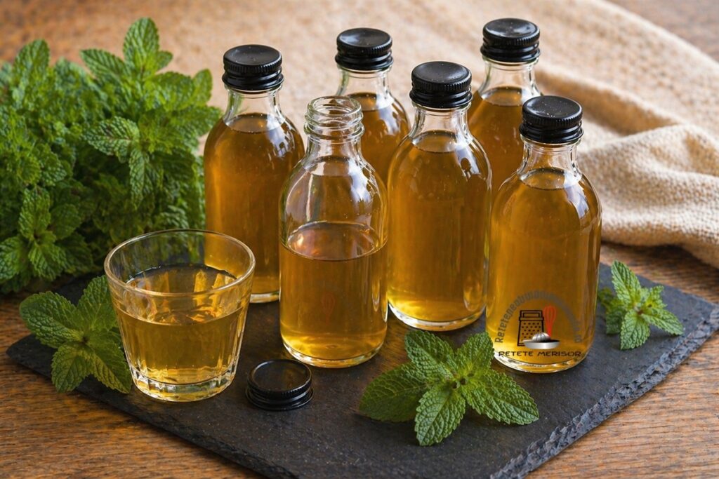 Sirop de mentă concentrat, fără colorant, în sticle și pahar
