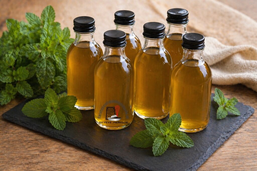Sirop de mentă concentrat, fără colorant, în sticle și frunze de mentă