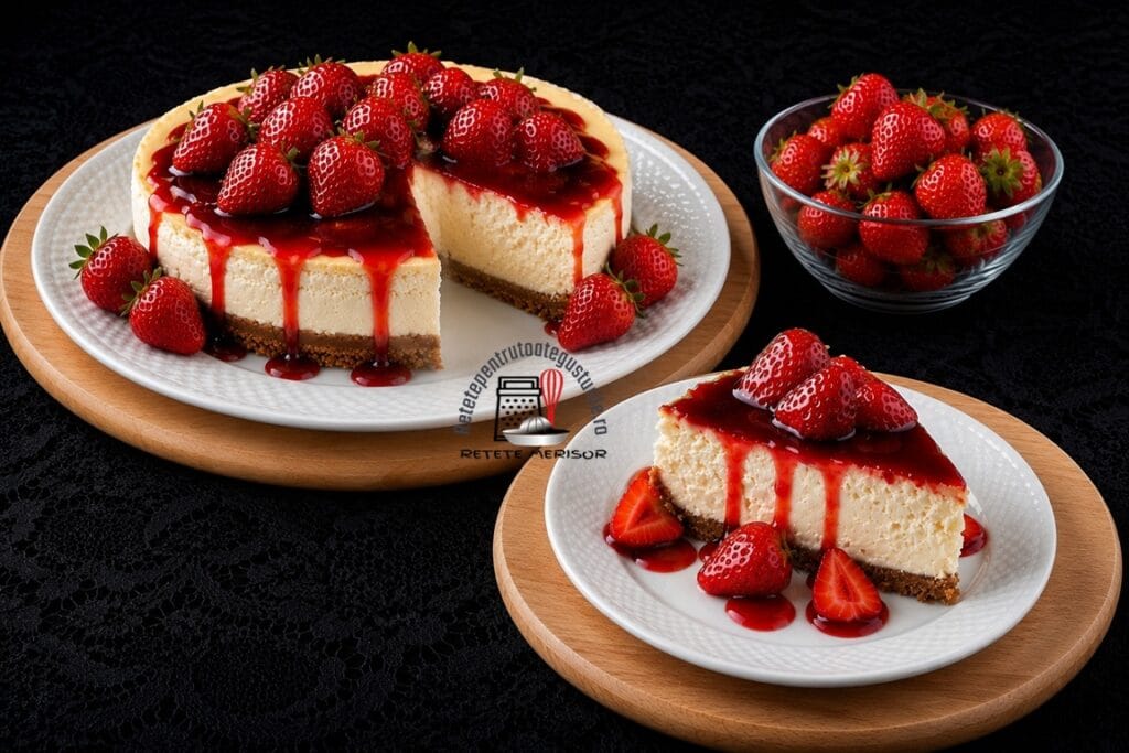 Cheesecake cu sos de căpșuni și biscuiți cu scorțișoară porționat