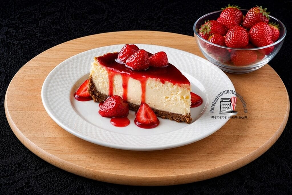 Porție de cheesecake cu sos de căpșuni și biscuiți cu scorțișoară
