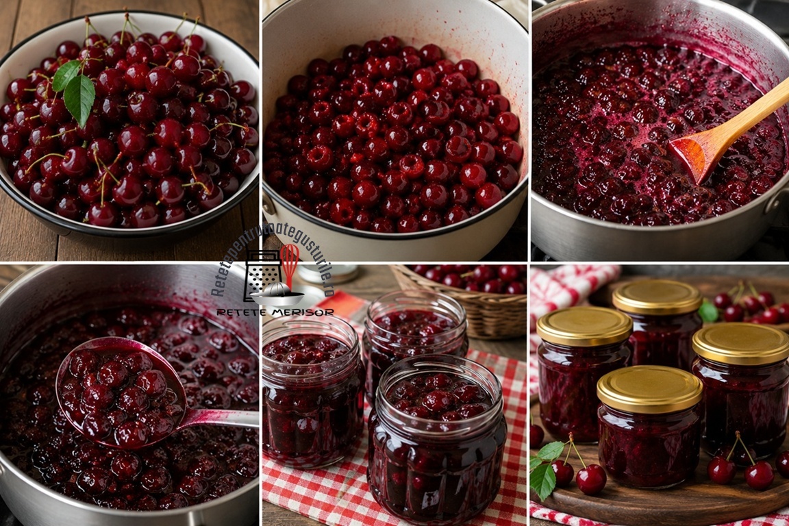 Colaj de poze cu pașii de preparare a dulceții de vișine