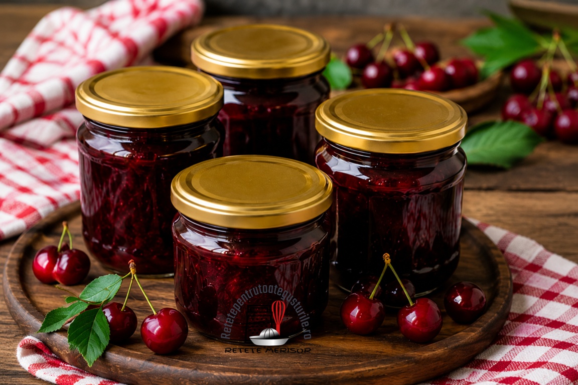Patru borcane cu dulceață de vișine