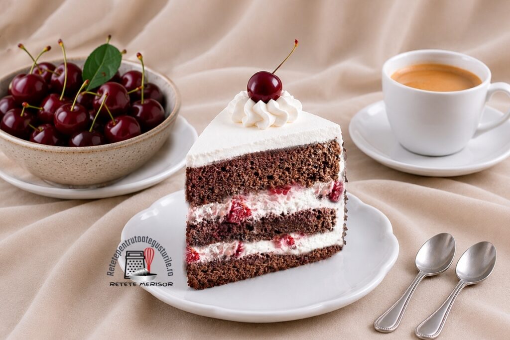 Porție de tort cu frișcă și cireșe și un bl cu cireșe