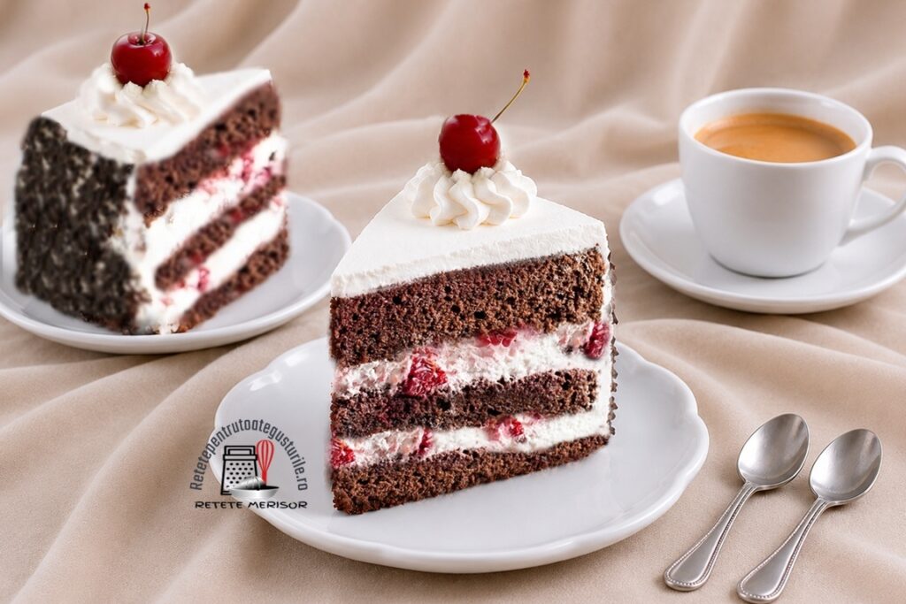 Două porții de tort Pădurea Neagră cu cireșe și frișcă naturală și o ceașcă cu cafea