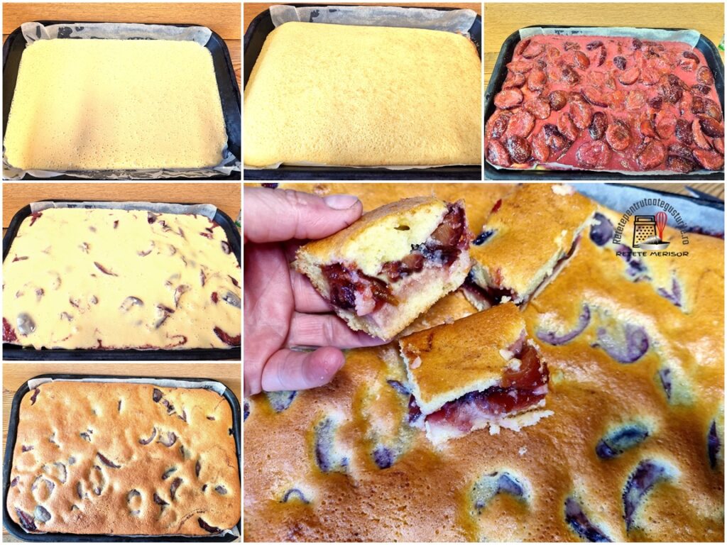 Colaj de poze cu pașii de preparare ai prăjiturii cu prune
